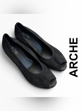 Arche Black Suede Peep-Toe Heels